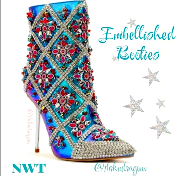 Azalea Wang Iridescent Art Deco Crystal Beaded Dress Stiletto Booties - Picture 5 of 17